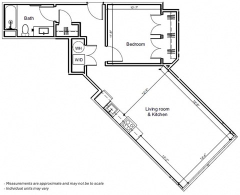 Floor plan for 1 bed, 1 bath, 762 sqft
